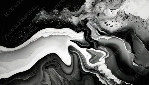 Liquid Swirls in Beautiful Black and White colors, with White Particles. Luxurious Acrylic Pour Wallpaper. Generative AI.