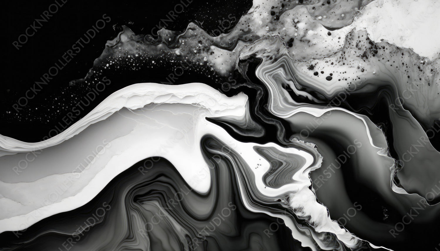 Liquid Swirls in Beautiful Black and White colors, with White Particles. Luxurious Acrylic Pour Wallpaper. Generative AI.
