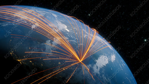 Earth in Space. Orange Lines connect Atlanta, USA with Cities across the World. Worldwide Travel or Communication Concept.