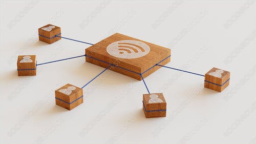 Wireless Technology Concept with wifi Symbol on a Wooden Block. User Network Connections are Represented with Blue string. White background. 3D Render.
