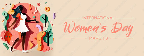 Dancing Woman in a Multicolored Geometric Design. Contemporary Paper Cut Banner with Abstract Shapes and Caption, to Celebrate International Woman's Day. Generative AI