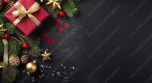 Christmas dark black background with beautiful texture and Golden gift box with red ribbon, fir branches, and stars, top view, copy space.