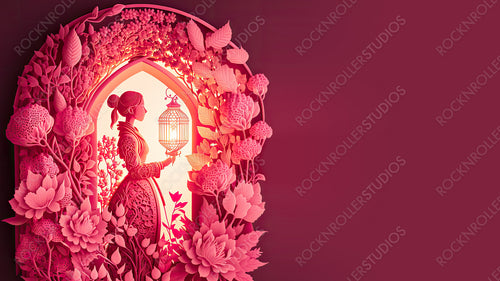 Elegant Paper Cut Background to Celebrate International Woman's Day. Pink Floral Design with Woman, Lanterns and copy-space. Generative AI.