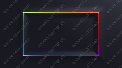 Black Surface with Embossed Shape and Rainbow Illuminated Trim. Tech Background with Neon Rectangle. 3D Render.