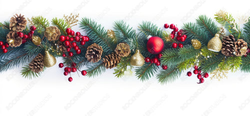 Festive Christmas border, isolated on white background. Fir green branches are decorated with fir cones and red berries. Close-up, copy space.