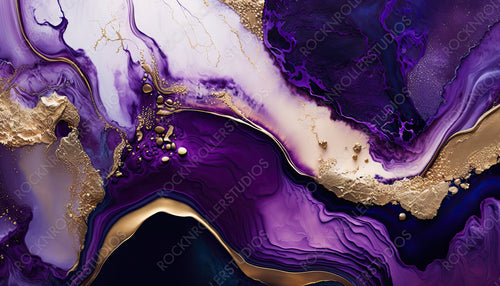 Beautiful Purple and Black Liquid Swirls with Gold Glitter. Elegant Art Background. Generative AI.