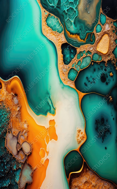 Elegant Acrylic Pour Wallpaper. Liquid Swirls in Beautiful Teal and Orange colors, with Gold Powder. Generative AI.