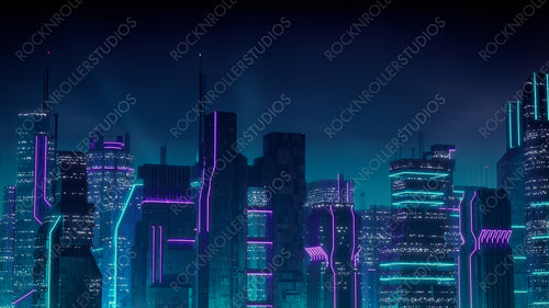Cyberpunk City Skyline with Purple and Cyan Neon lights. Night scene with Futuristic Superstructures.