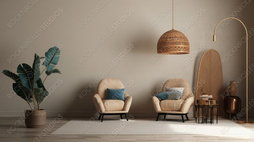 Boho Living Room. Contemporary Interior Design Background. Generative AI.