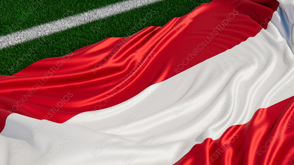 Flag of Austria on a Sports field. Grass Pitch with a Austrian Flag. Euro 2020 Football Background.