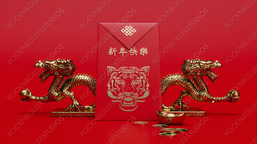 Red Hong bao envelope with Gold Dragon Statues, and 'Happy New Year' Message. Year of the Tiger concept.