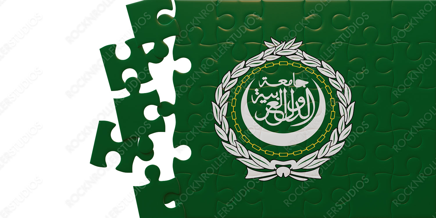 Arab League Unity: Vibrant Green Jigsaw Puzzle with Emblem, Symbolizing Cooperation and Unity