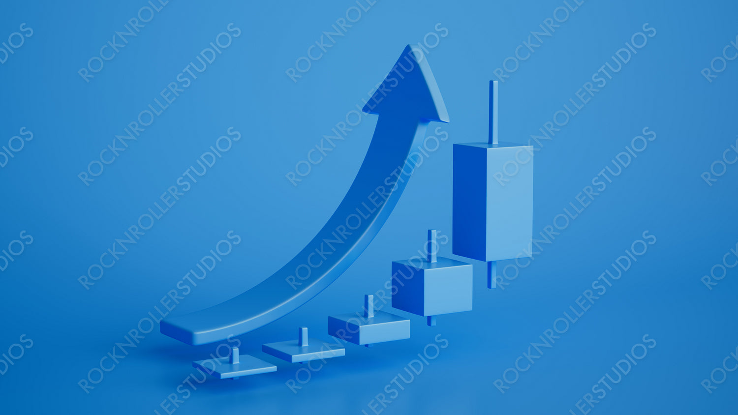 Dynamic 3D Financial Growth Chart with Rising Arrow on Blue - Market Trends and Investment Analysis