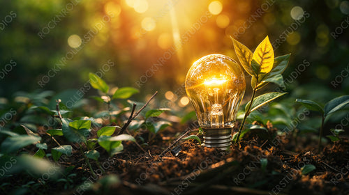 Sunlit Bulb Among Sprouts: A Symbol of Eco-Innovation and Sustainable Energy