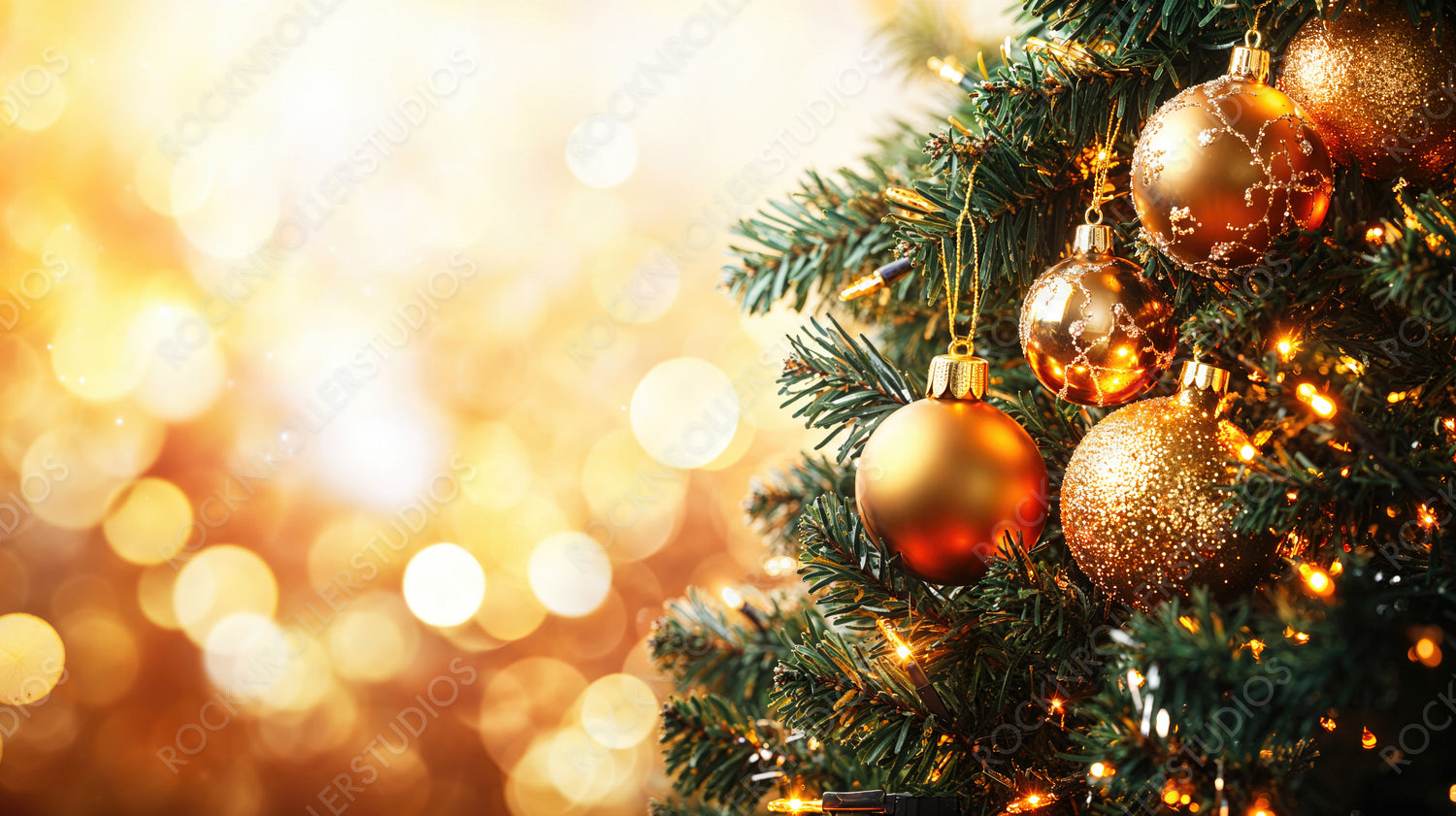 Sparkling Christmas Tree Decorations with Warm Golden Lights and Holiday Atmosphere