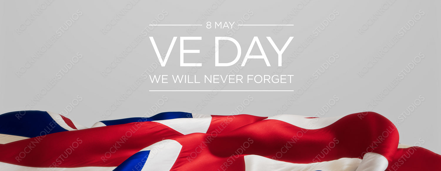 Stirring VE Day Tribute: Union Jack Waves with 'We Will Never Forget' Text