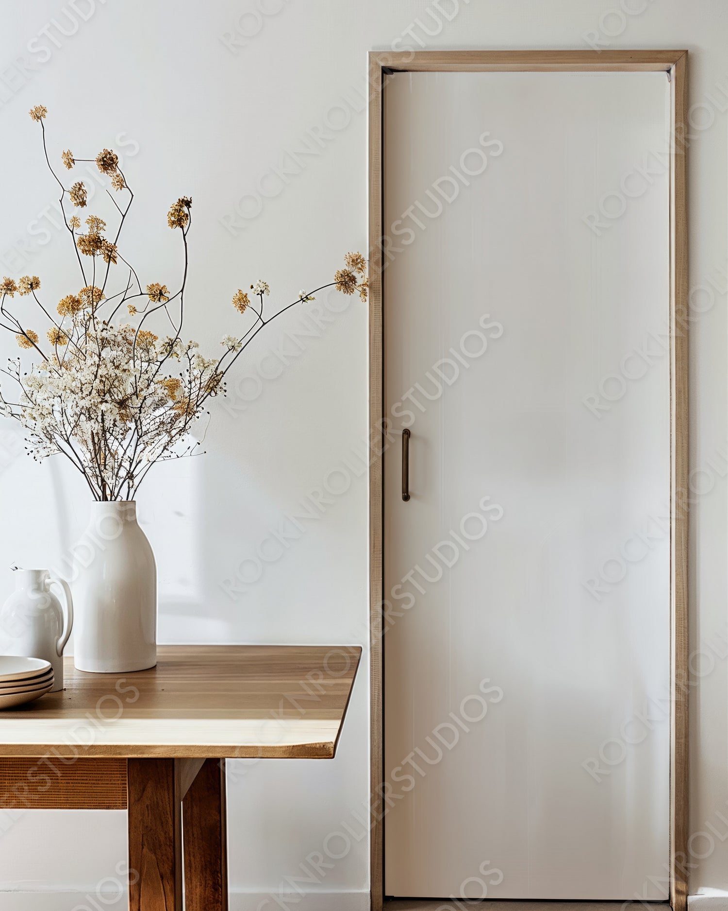 Chic Minimalist Dining Corner with Wooden Table and Rustic Accents