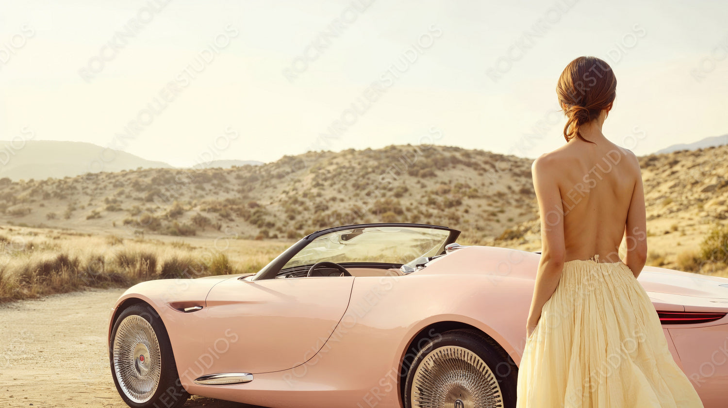 Elegant Escape: Fashionable Woman in Yellow Gown by Classic Pink Convertible at Sunset