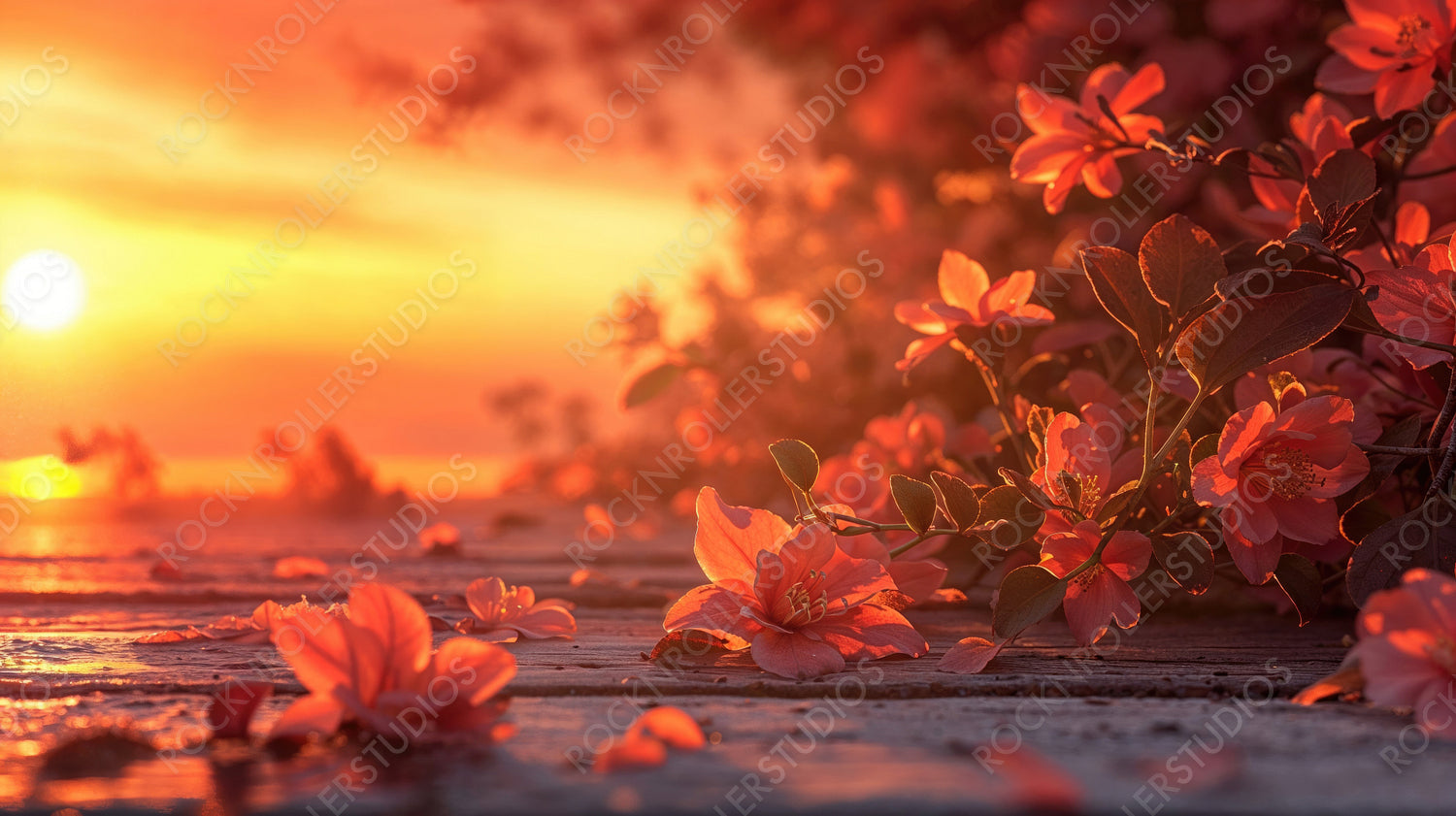 Enchanting Sunset Over Blossoming Flowers on Wooden Deck