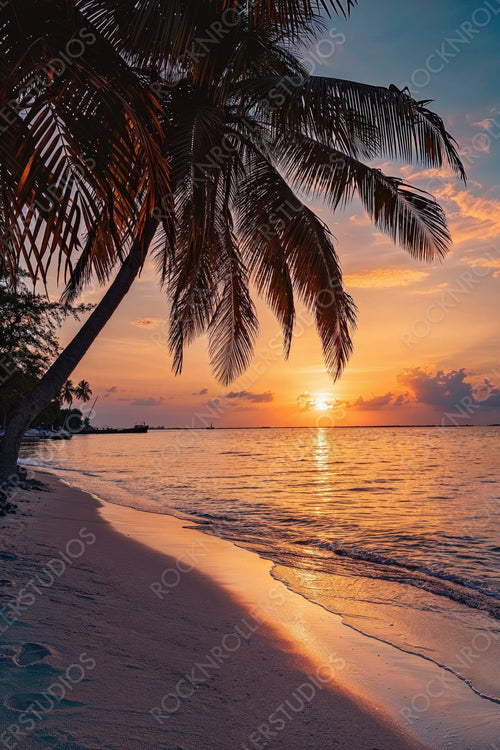 Tourism wallpaper with Fantastic Sunrise Beach in the Maldives. Luxury Honeymoon Island.