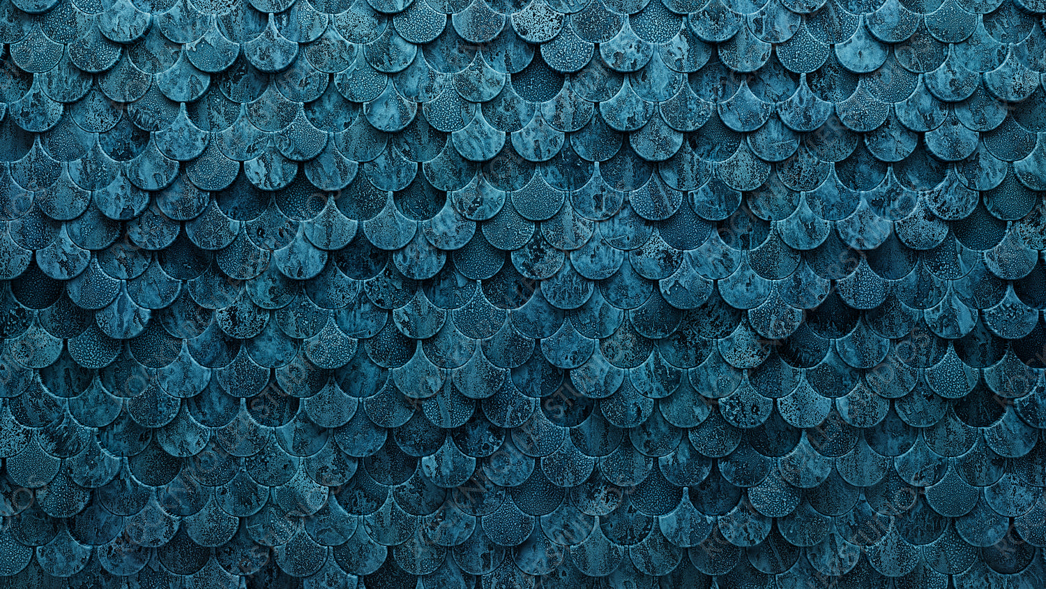 3D Tiles arranged to create a Fish Scale wall. Polished, Blue Patina Background formed from Textured blocks. 3D Render