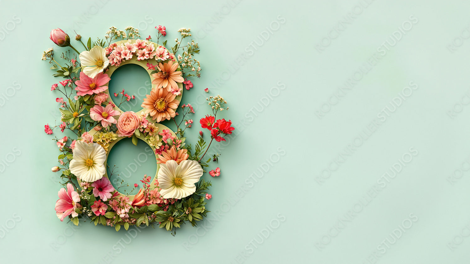 Number 8 in a Green Floral Design. Premium Botanical Background with Flowers and copy-space, to Celebrate International Woman's Day.