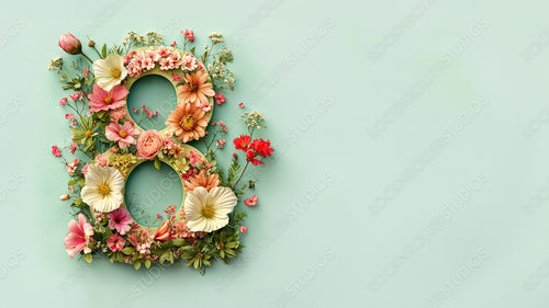 Number 8 in a Green Floral Design. Premium Botanical Background with Flowers and copy-space, to Celebrate International Woman's Day.