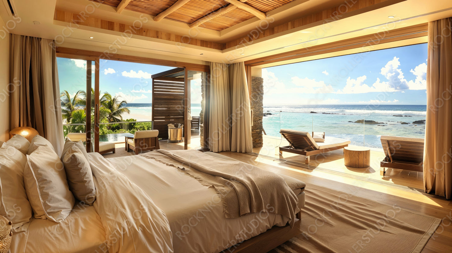 Luxurious Bedroom with Ocean View - Beachfront Villa, Modern Interior, Tropical Paradise