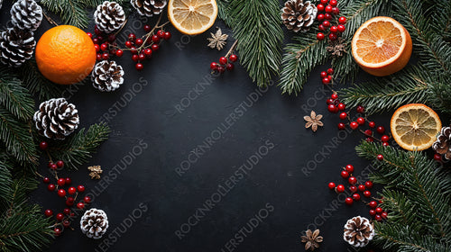 Festive Christmas Decorations with Oranges, Pine Cones, and Baubles on Snow-Dusted Pine Branches