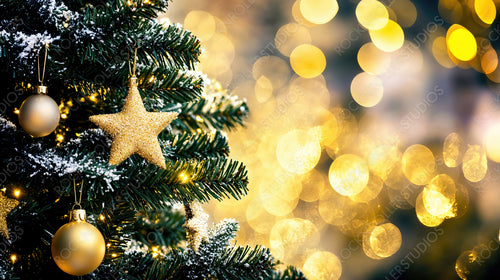 Golden holiday glow with sparkling Christmas lights and a decorated tree adorned with a glittering star