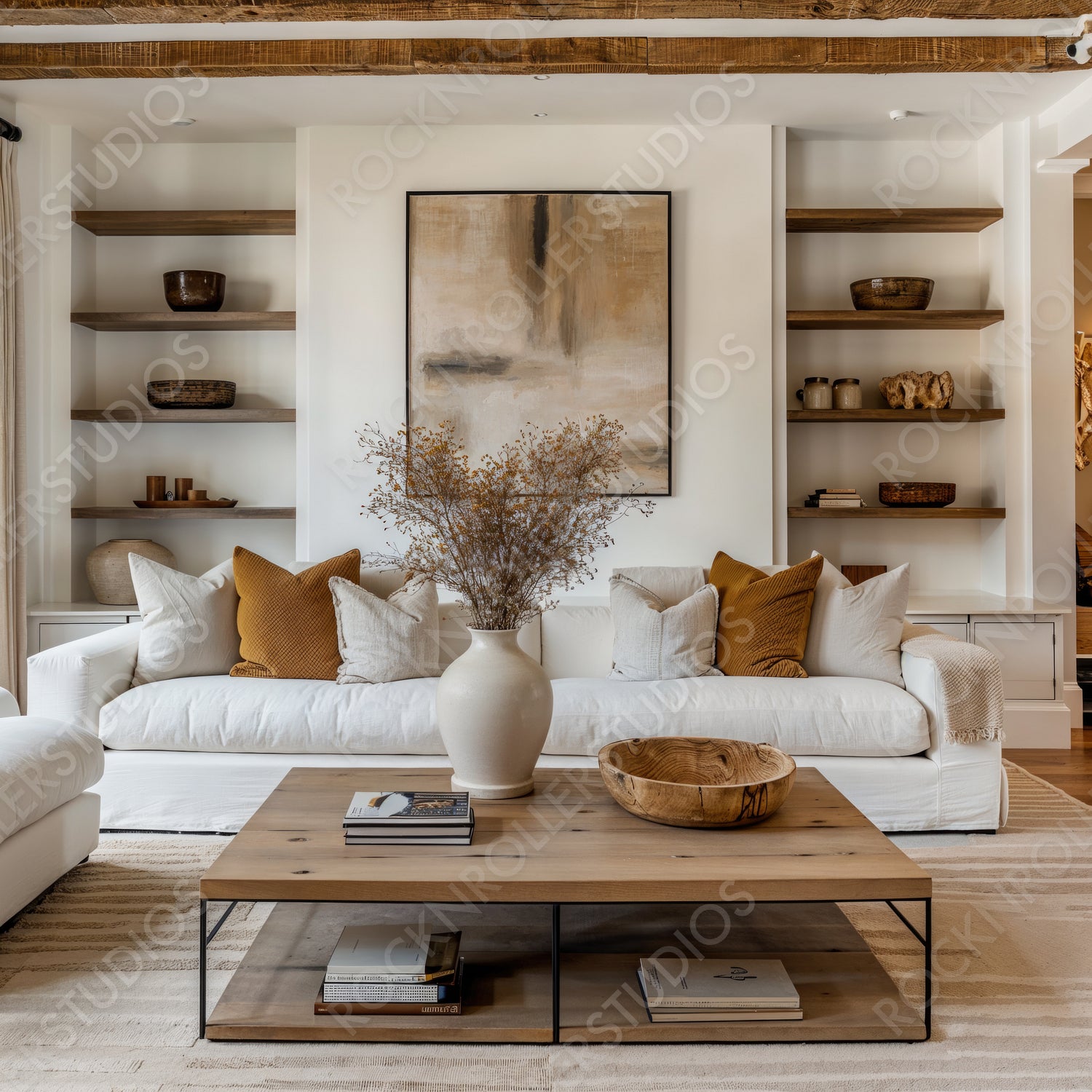 Chic Modern Rustic Living Room with Abstract Art and Cozy Earth Tones