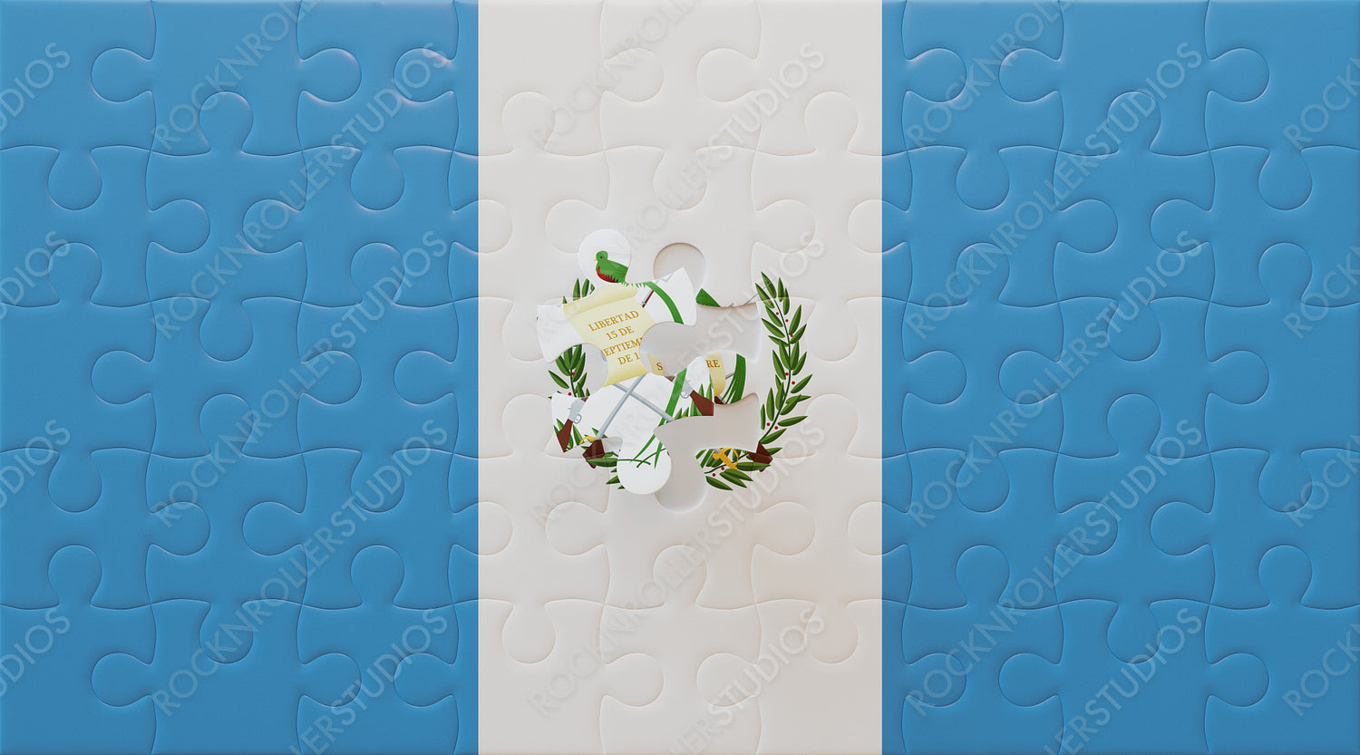Completing Guatemala: Puzzle Pieces Forming National Flag with Quetzal and Independence Day Emblem