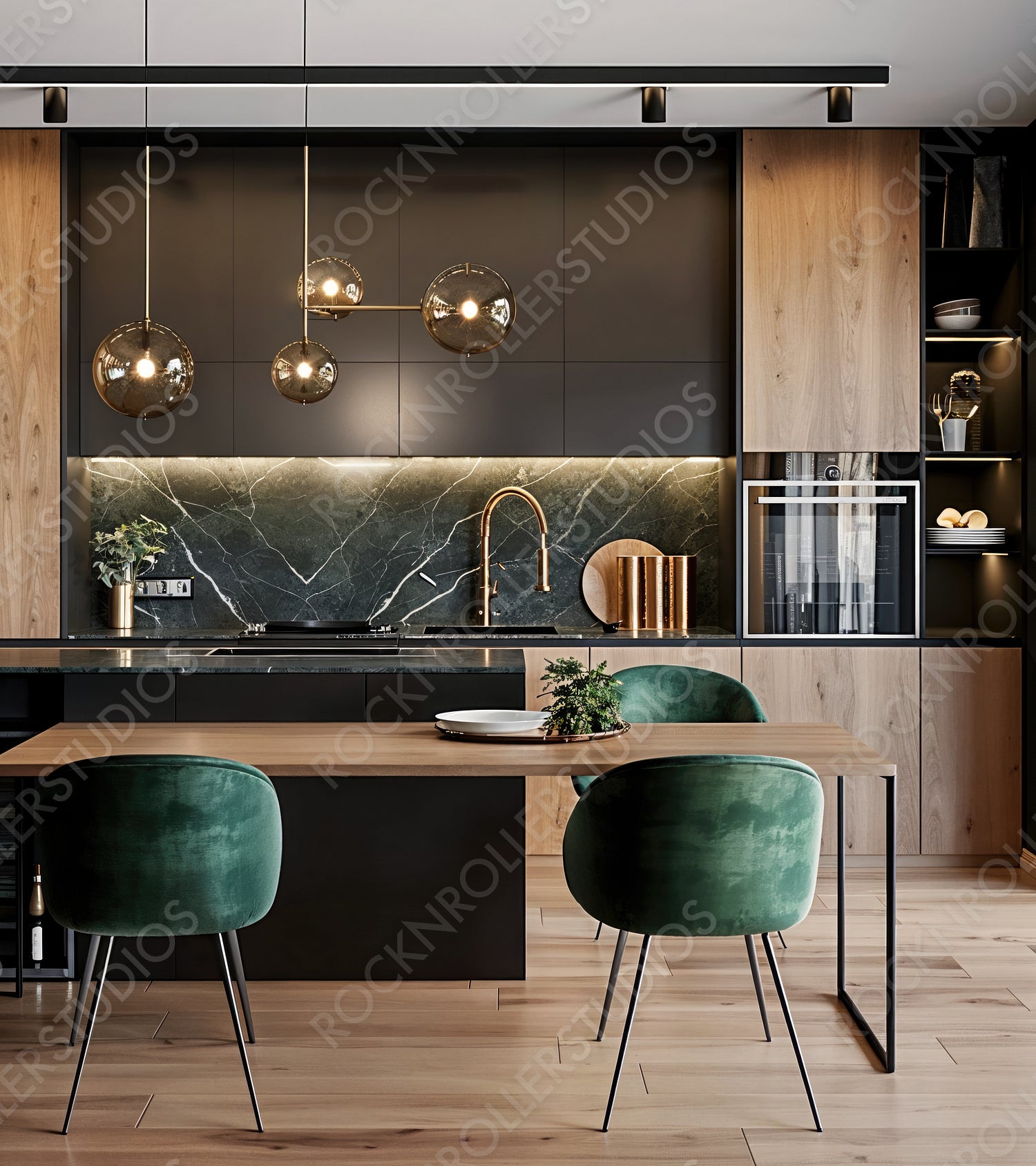 Chic Modern Kitchen Design: Dark Wood Cabinets, Green Marble Backsplash & Luxurious Metallic Accents