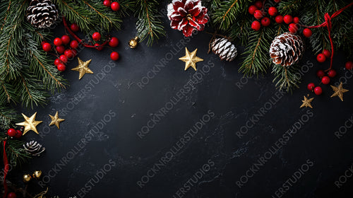 Festive Christmas arrangement with frosted pinecones, red berries, and gold stars on a dark background