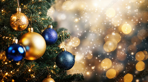 Christmas Tree Decorated with Blue and Gold Ornaments with Bokeh Lights