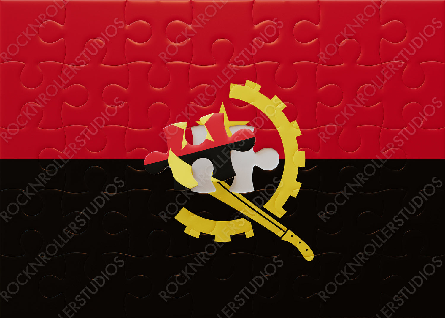 Completing Angola: Jigsaw Puzzle with Vibrant National Flag and Emblem