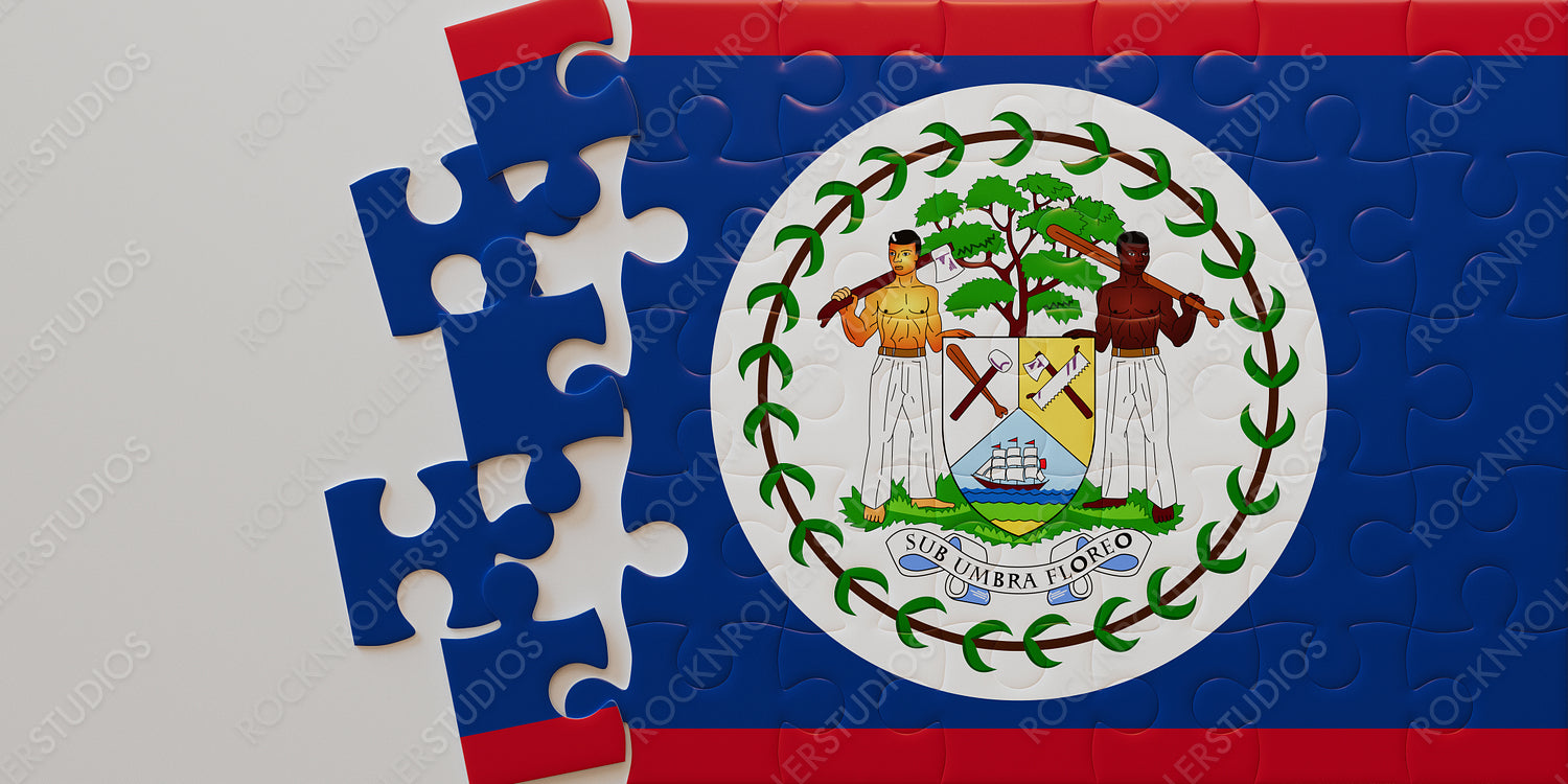 Nearly Complete Belize Flag Jigsaw Puzzle with Vivid Coat of Arms and Inspiring Motto