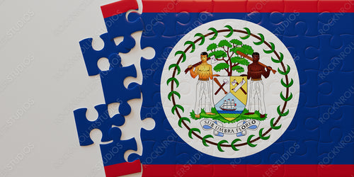 Nearly Complete Belize Flag Jigsaw Puzzle with Vivid Coat of Arms and Inspiring Motto