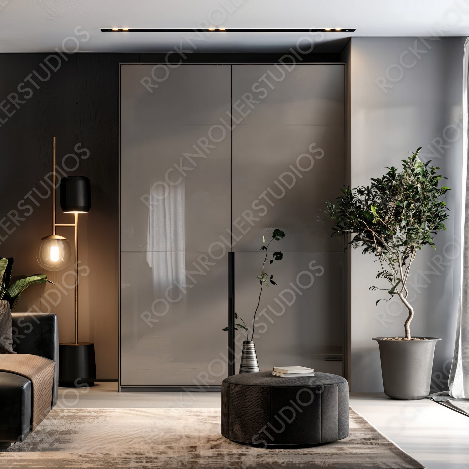 Sleek and Elegant Modern Interior: Minimalist Living Room with Chic Dark Tones and Trendy Accents