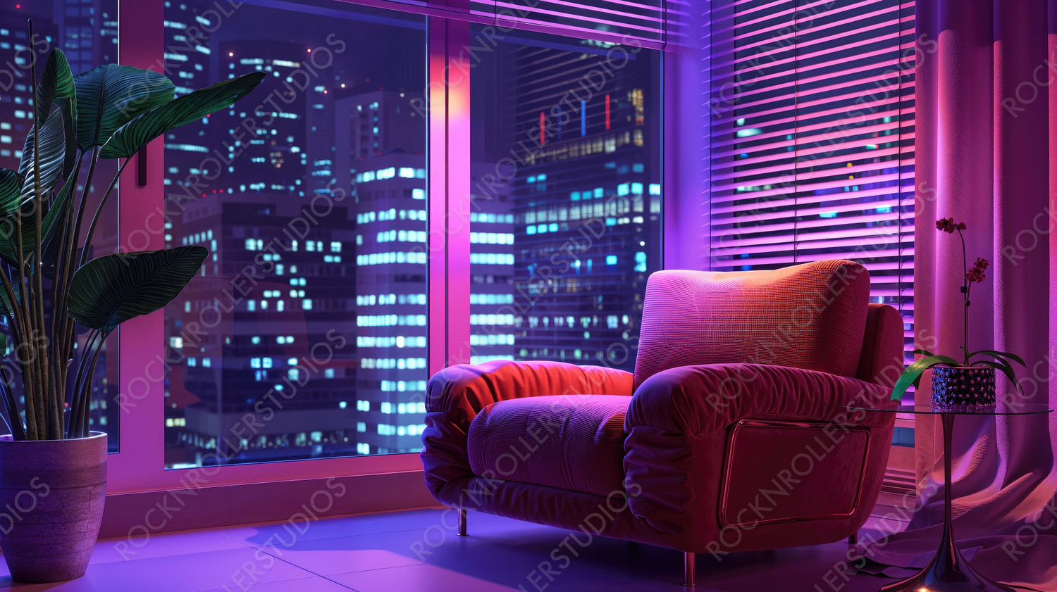 Cozy Armchair in Purple Room with Night City View