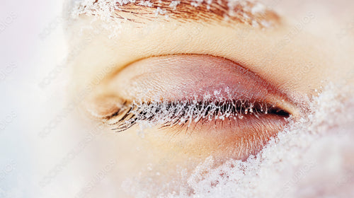 Close-up of Frost-Covered Closed Eye in Winter Freeze with Snowflakes on Eyelashes