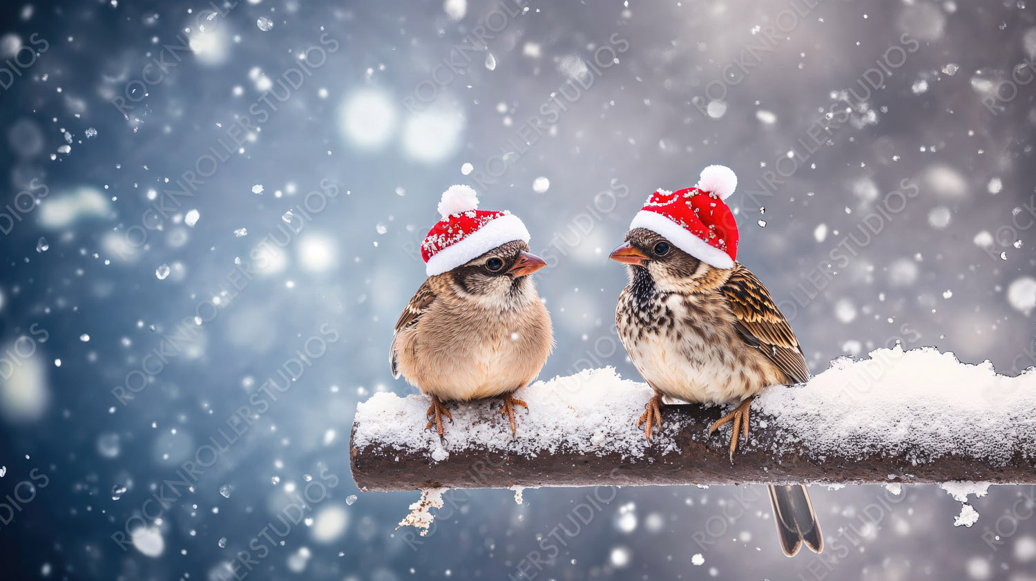 Adorable Birds Perched on a Snowy Branch with Red Ornaments and a Holiday Vibe