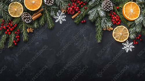 Festive Christmas Decorations with Oranges, Pine Cones, and Baubles on Snow-Dusted Pine Branches