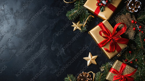 Christmas Gift Boxes with Red Ribbons, Pinecones, and Gold Stars on Black Background