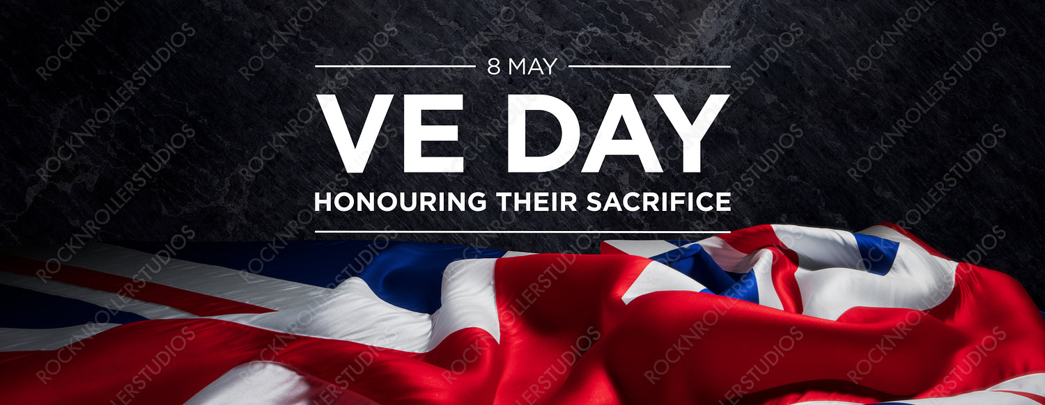 VE Day Tribute: Honouring Sacrifice with Allied Flags & Stone Texture - May 8, WWII Commemoration
