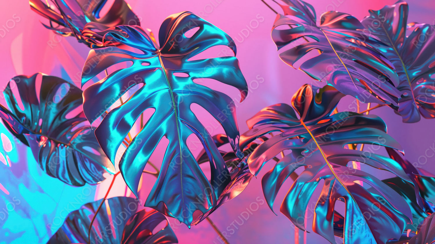 Holographic Monstera Leaves in a Vibrant Neon Interior