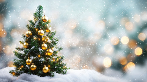 Festive Christmas Tree with Golden Ornaments in a Snowy Winter Wonderland