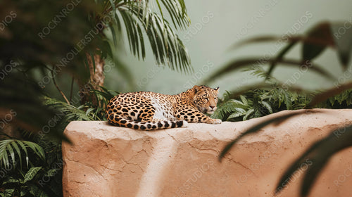 Resting Leopard Amidst Lush Greenery in Wildlife Habitat