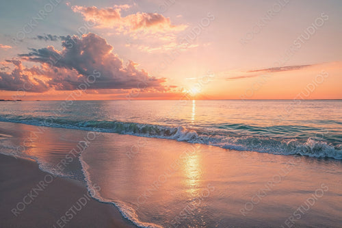 Romance banner with Inspirational Sunset Beach in Florida. Scenic Holiday Scene.