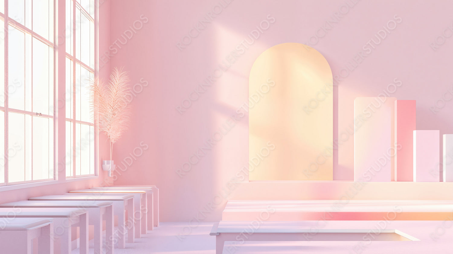 Serene Pastel Pink Interior with Natural Light and Minimalist Geometric Decor